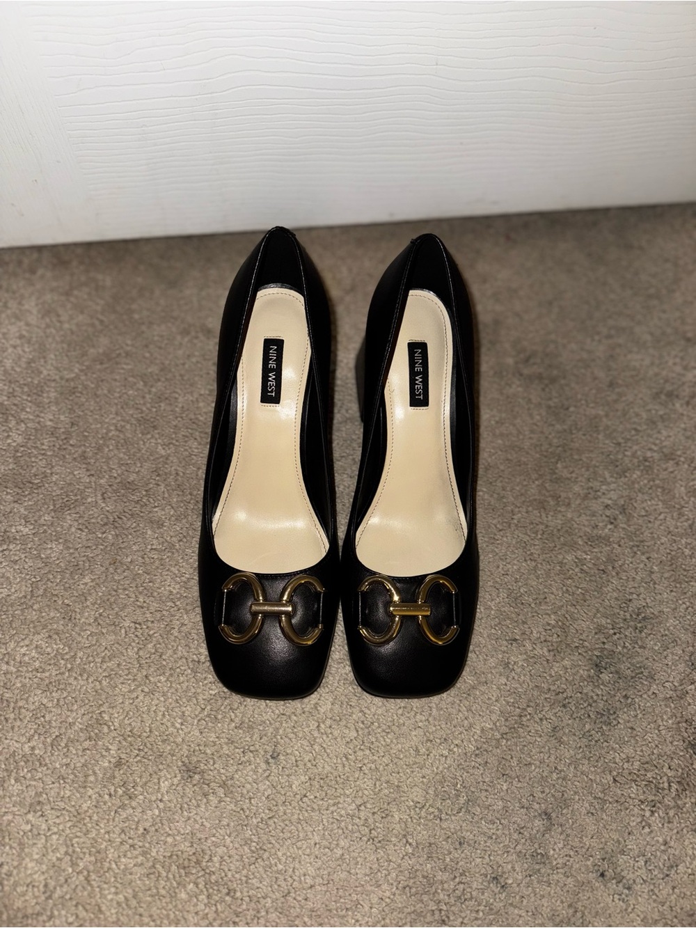 Nine West Black Square-Toe Pumps with Gold-Tone Bit